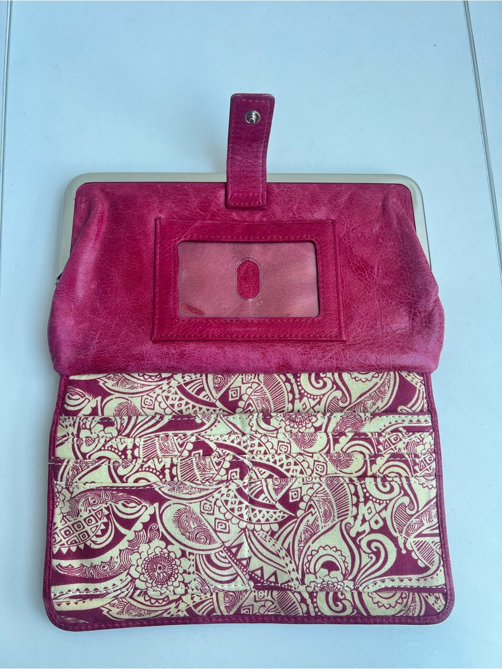 HOBO International Magenta Pink Distressed Leather Frame Wallet Clutch